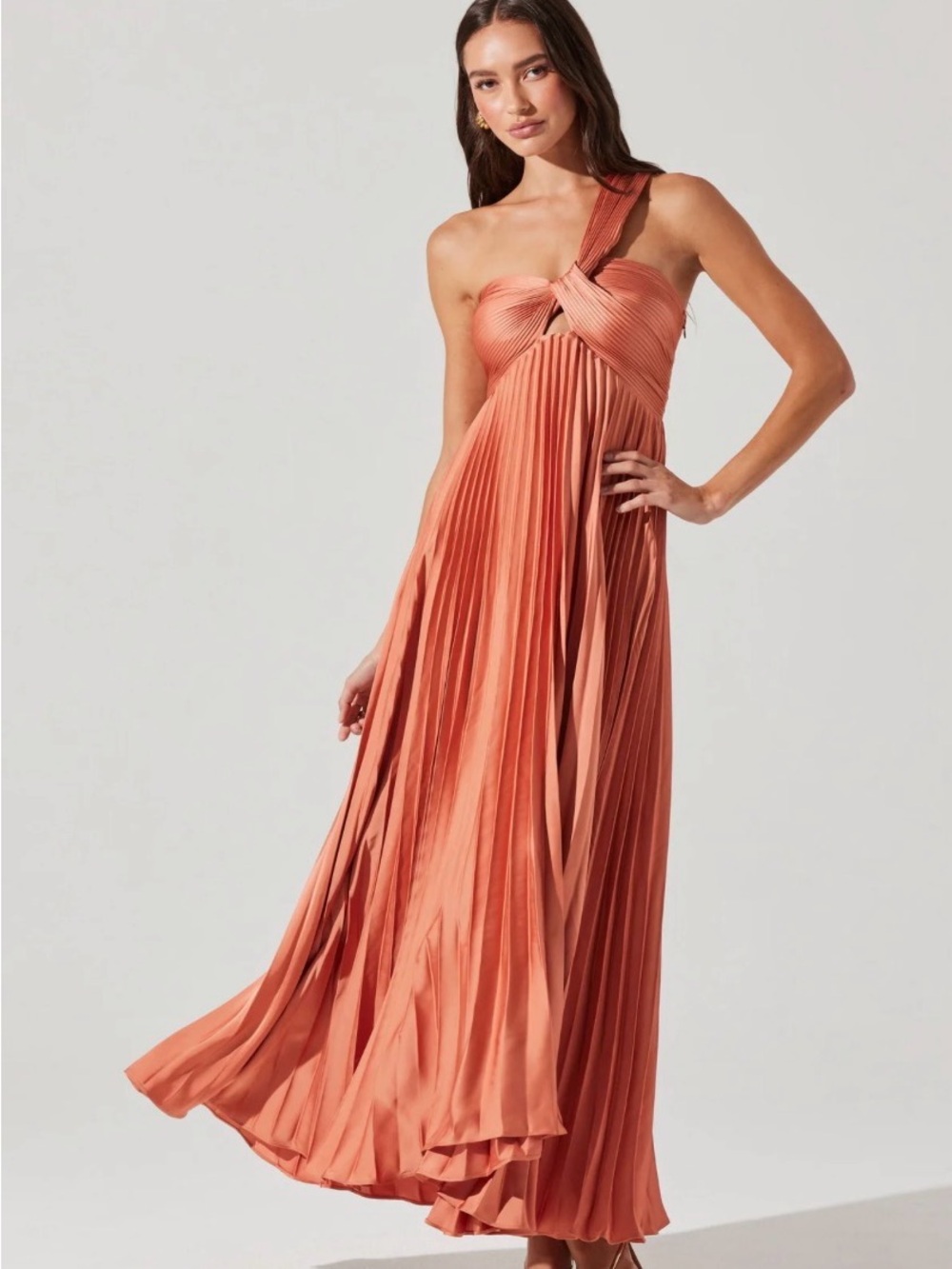 Astr One-Shoulder Pleated Maxi Dress in Coral Orange